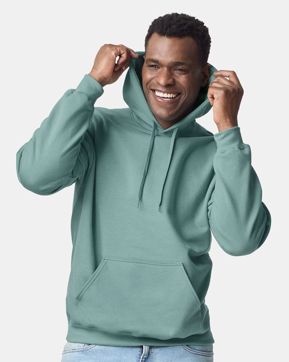 Unisex Softstyle® Midweight Hooded Sweatshirt - OnModelFront - B24160443 - Aquatic