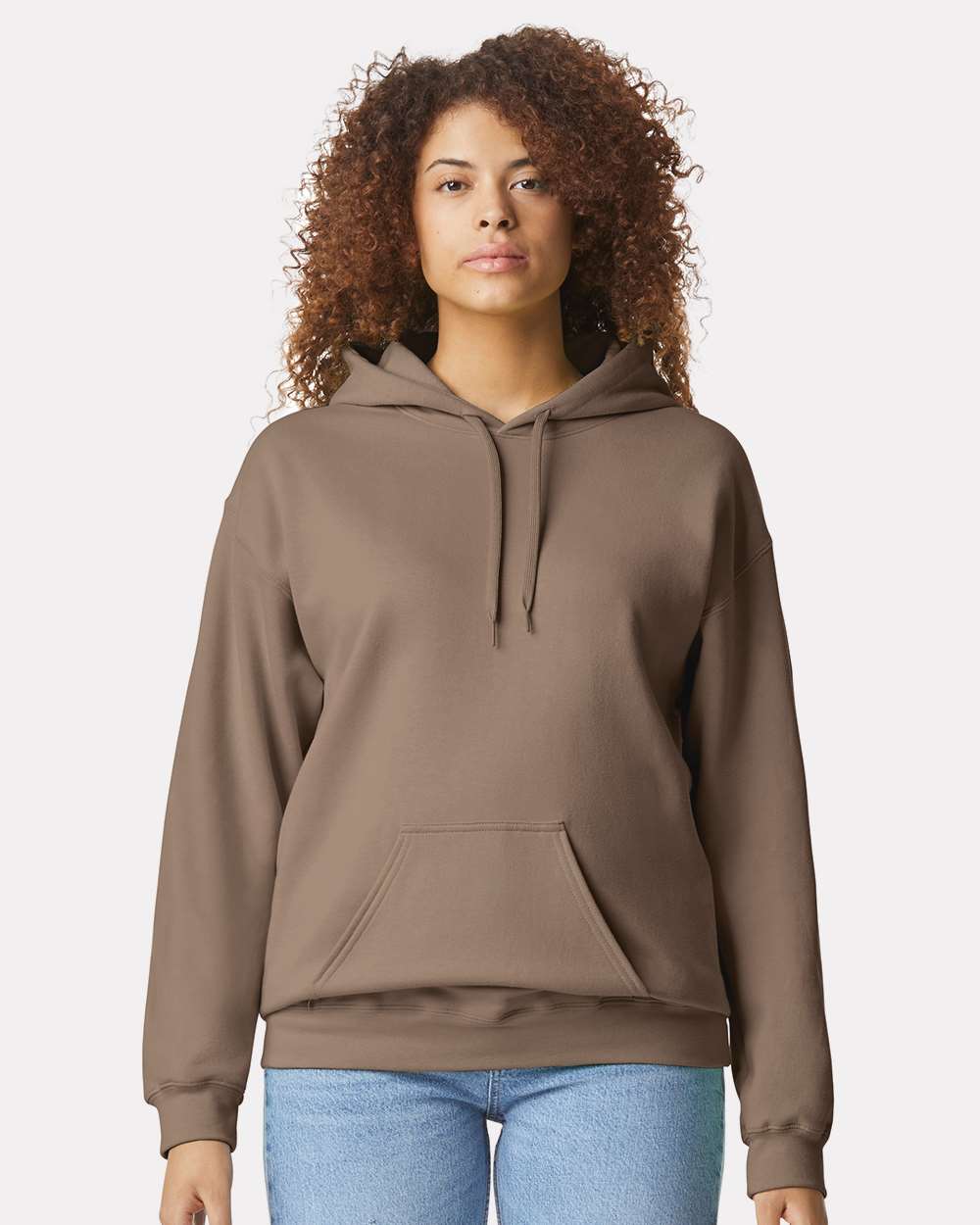 Unisex Softstyle® Midweight Hooded Sweatshirt - OnModelFront - B24160473 - Brown Savana