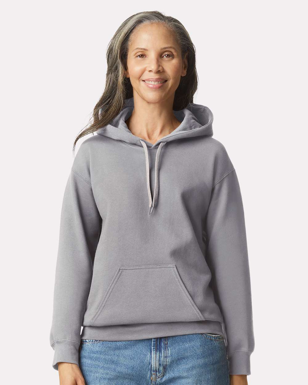 Unisex Softstyle® Midweight Hooded Sweatshirt - OnModelFront - B24160593 - Cement