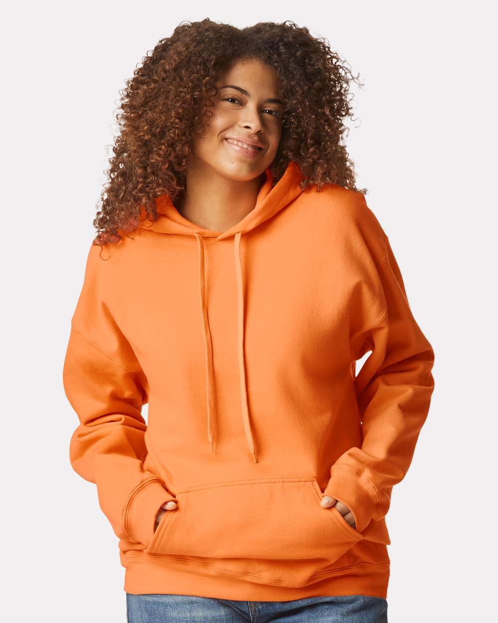 Unisex Softstyle® Midweight Hooded Sweatshirt - OnModelFront - B24160663 - Tangerine
