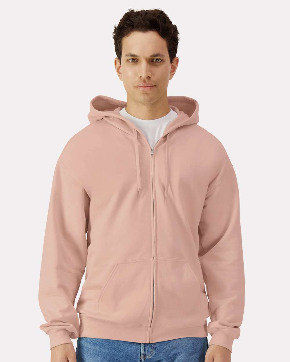 Unisex Softstyle® Full-Zip Hooded Sweatshirt - OnModelFront - B24260303 - Dusty Rose