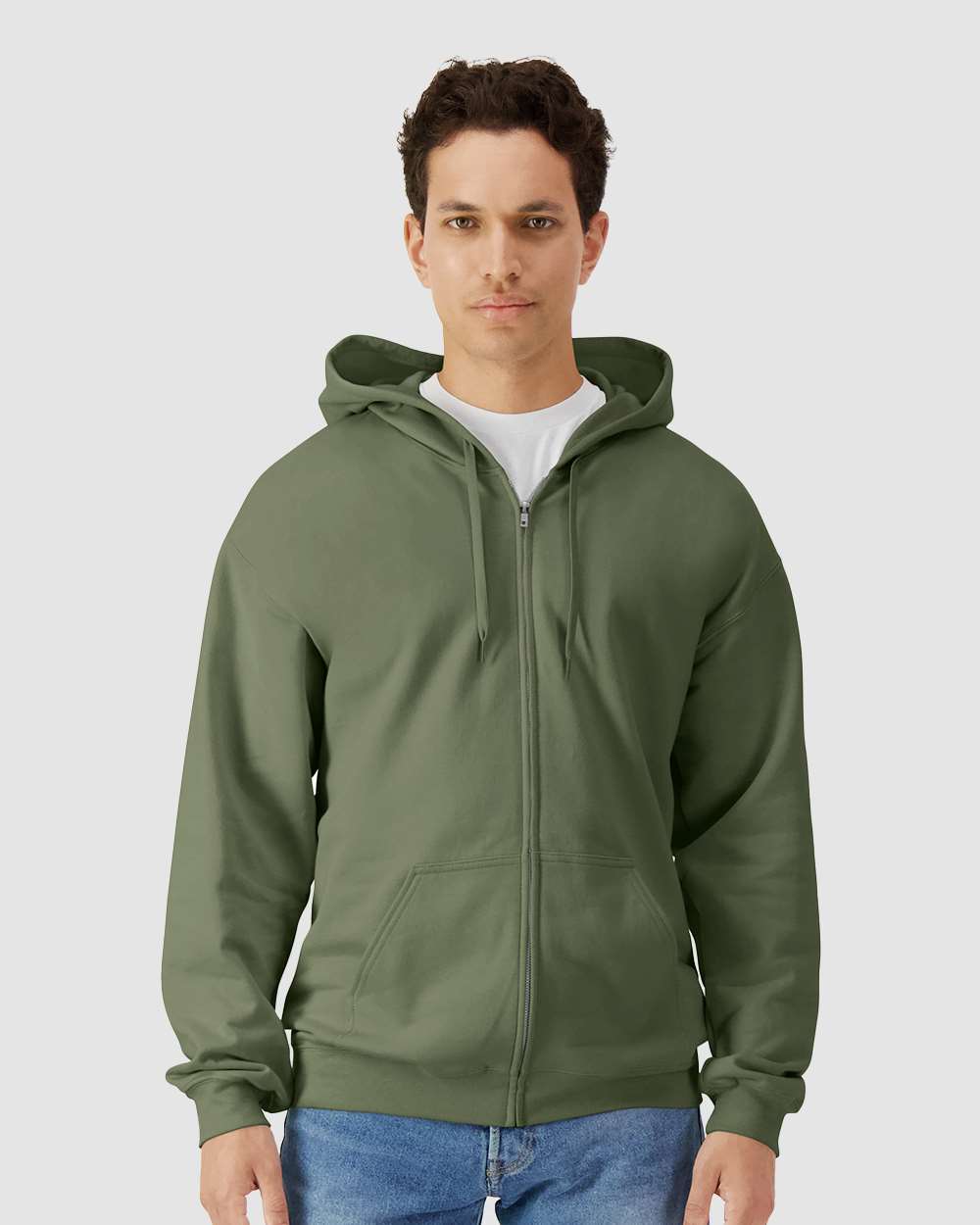 Unisex Softstyle® Full-Zip Hooded Sweatshirt - OnModelFront - B24260493 - Military Green
