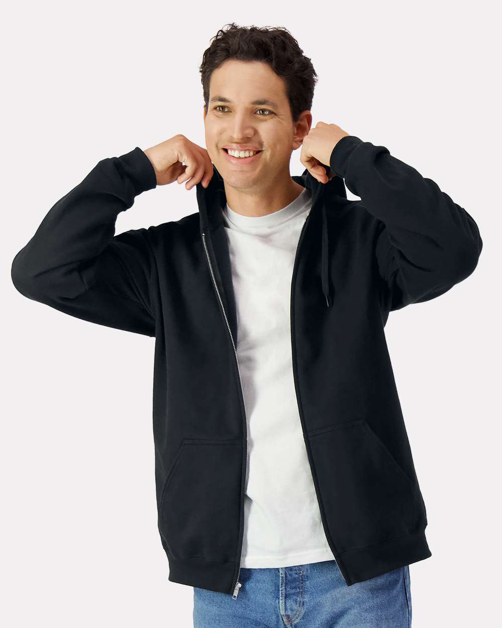 Unisex Softstyle® Full-Zip Hooded Sweatshirt - OnModelFront - B24260503 - Black