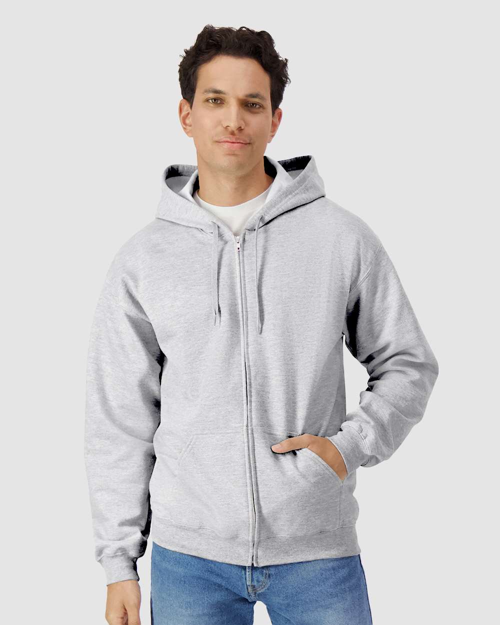 Unisex Softstyle® Full-Zip Hooded Sweatshirt - OnModelFront - B24260583 - Sport Grey