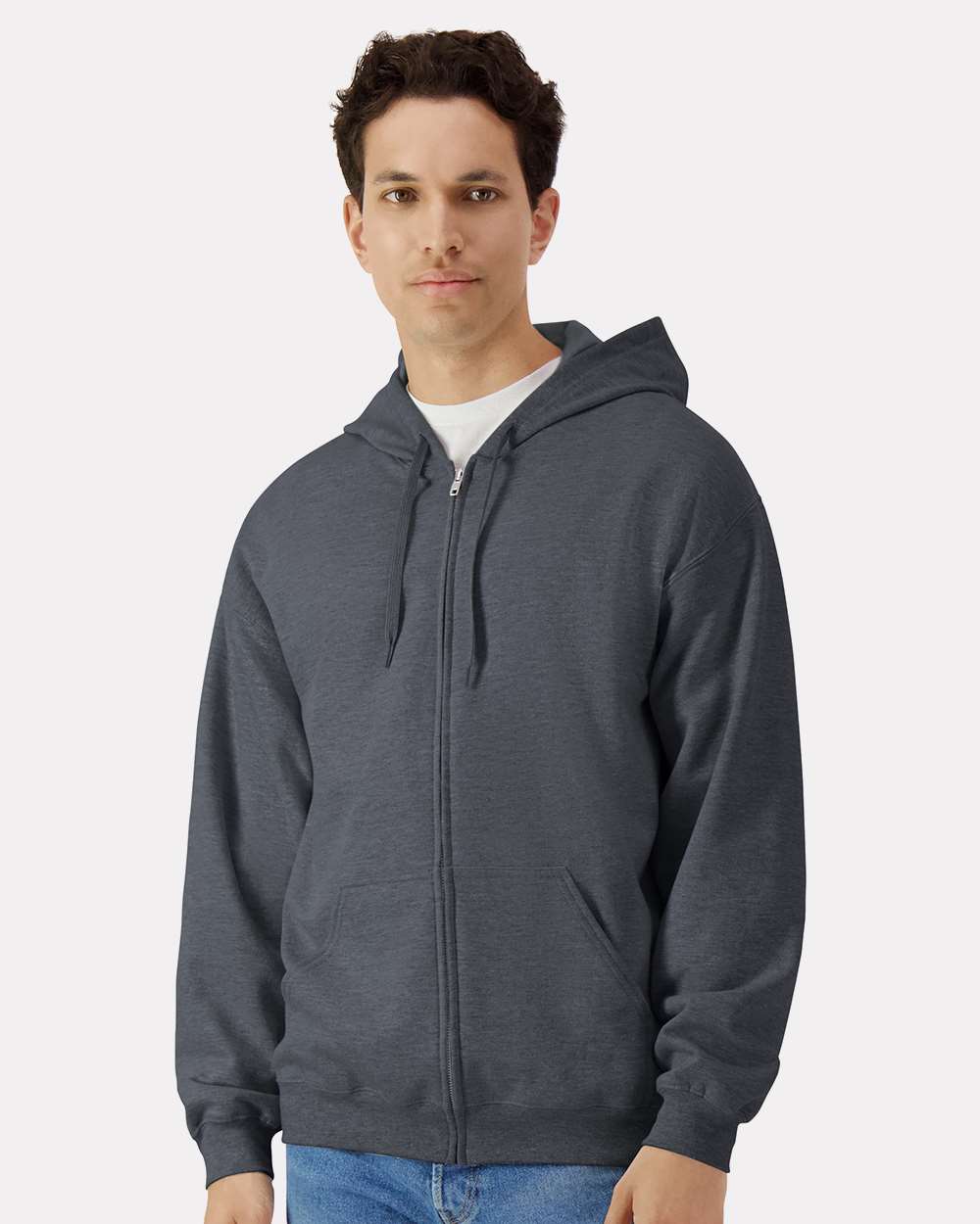 Unisex Softstyle® Full-Zip Hooded Sweatshirt - OnModelFront - B24260593 - Dark Heather