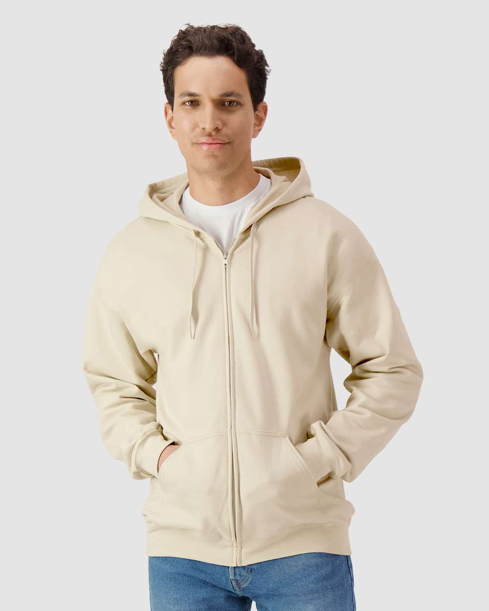 Unisex Softstyle® Full-Zip Hooded Sweatshirt - OnModelFront - B24260703 - Sand