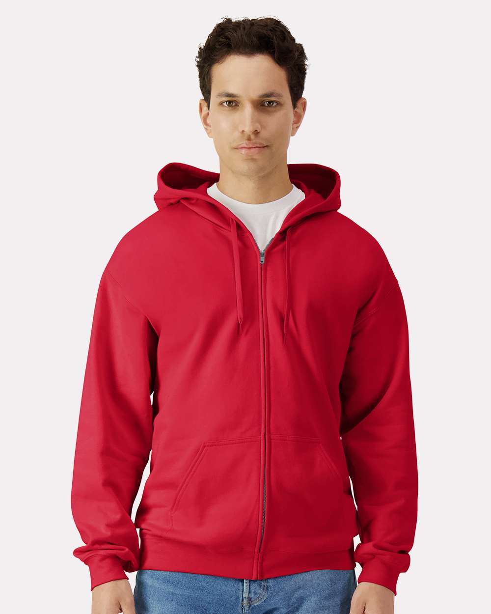Unisex Softstyle® Full-Zip Hooded Sweatshirt - OnModelFront - B24260713 - Red
