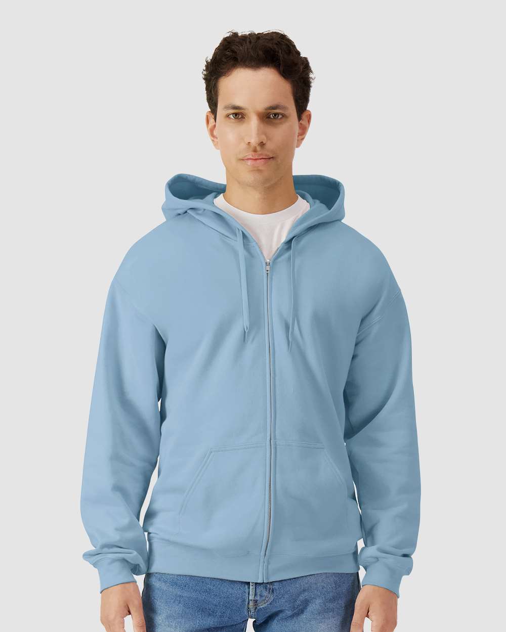 Unisex Softstyle® Full-Zip Hooded Sweatshirt - OnModelFront - B24260753 - Stone Blue