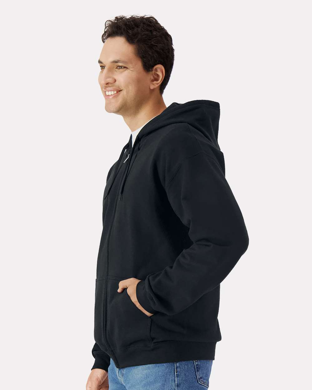 Unisex Softstyle® Full-Zip Hooded Sweatshirt - OnModelSide - B24260503 - Black