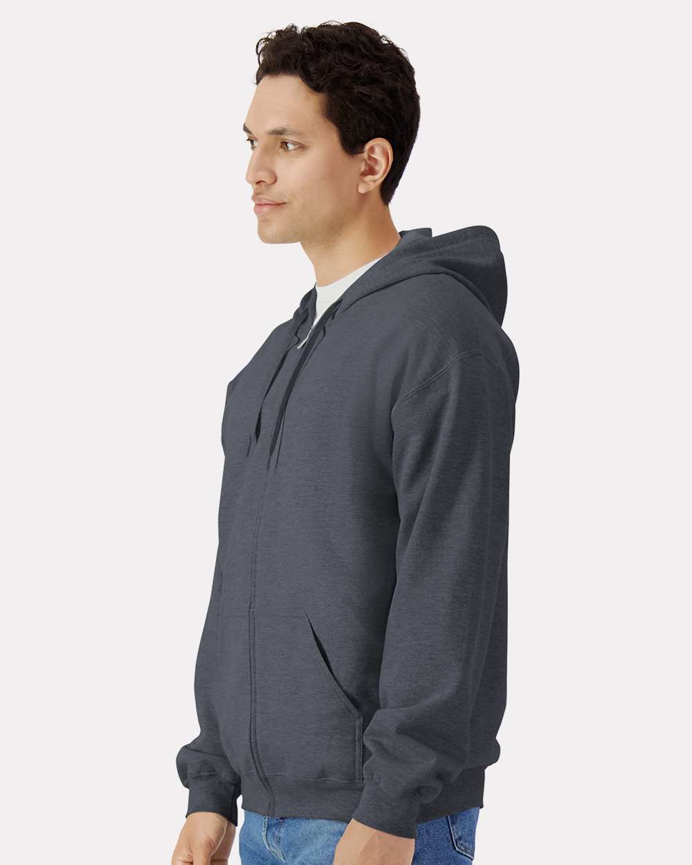 Unisex Softstyle® Full-Zip Hooded Sweatshirt - OnModelSide - B24260593 - Dark Heather