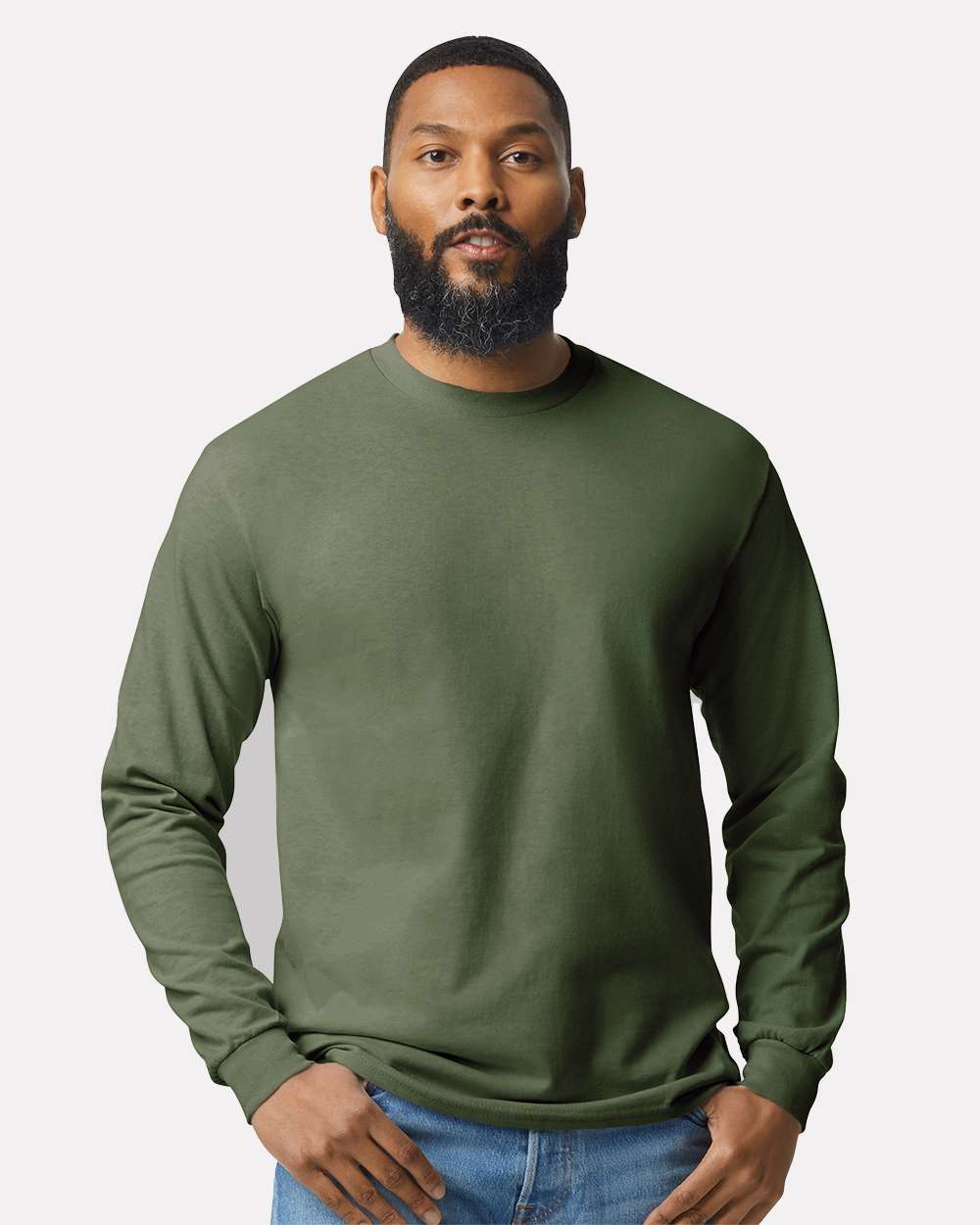 Men's Heavy Cotton™ Long Sleeve T-Shirt - OnModelFront - B04060513 - Military Green