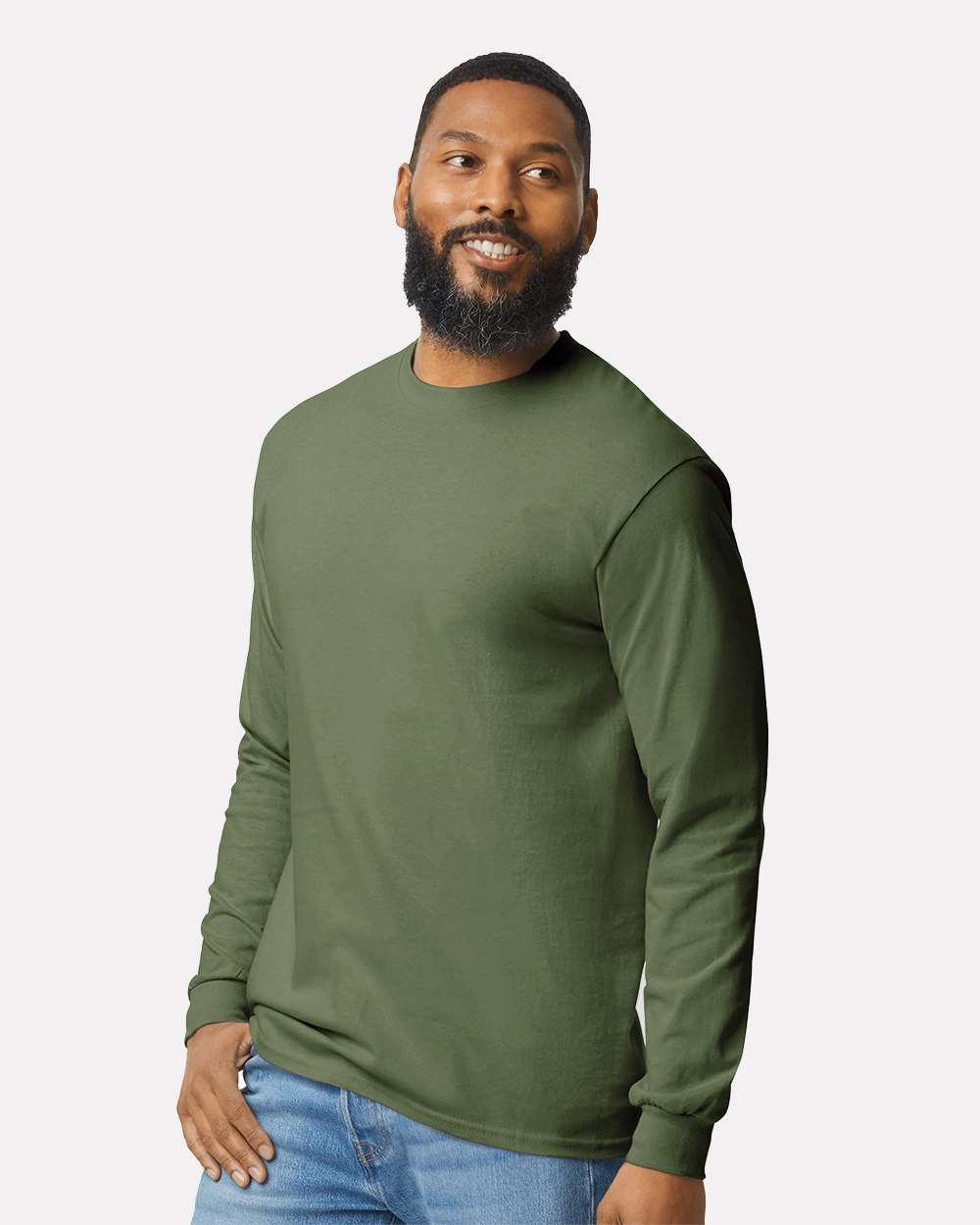 Men's Heavy Cotton™ Long Sleeve T-Shirt - OnModelSide - B04060513 - Military Green