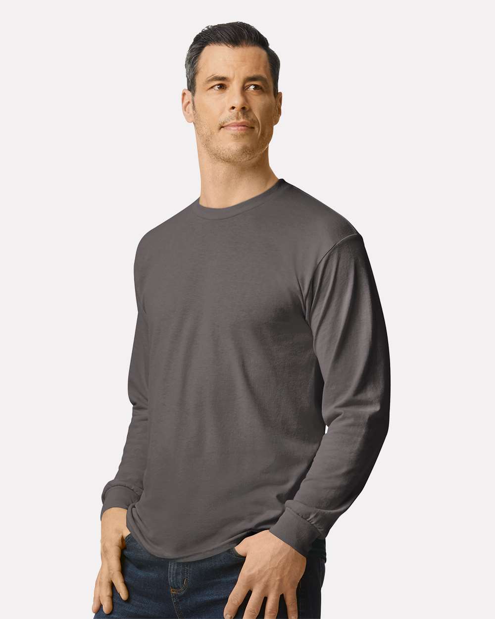 Men's Heavy Cotton™ Long Sleeve T-Shirt - OnModelSide - B04060593 - Charcoal