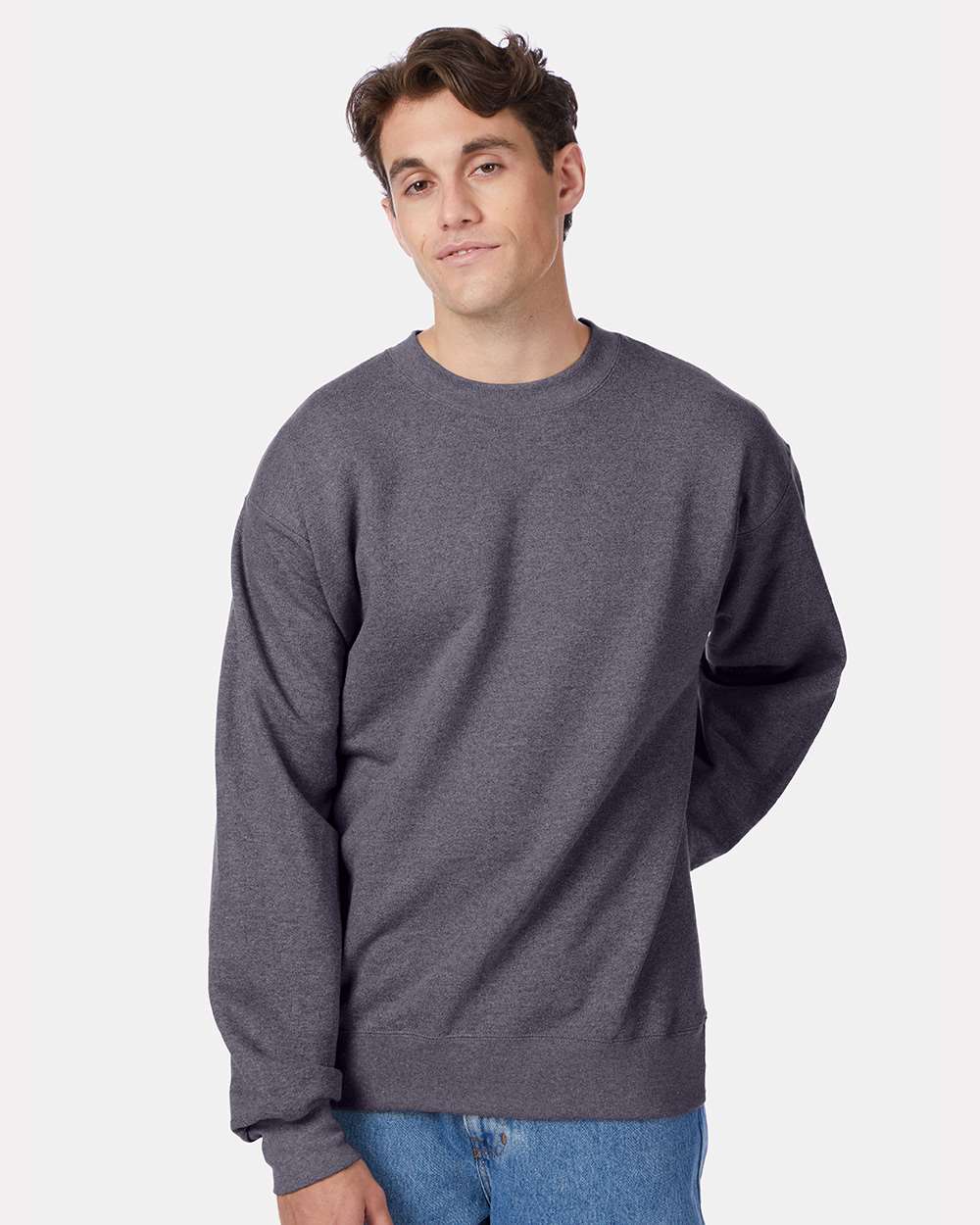 Unisex Ultimate Cotton® Crewneck Sweatshirt - OnModelFront - B21700093 - Charcoal Heather