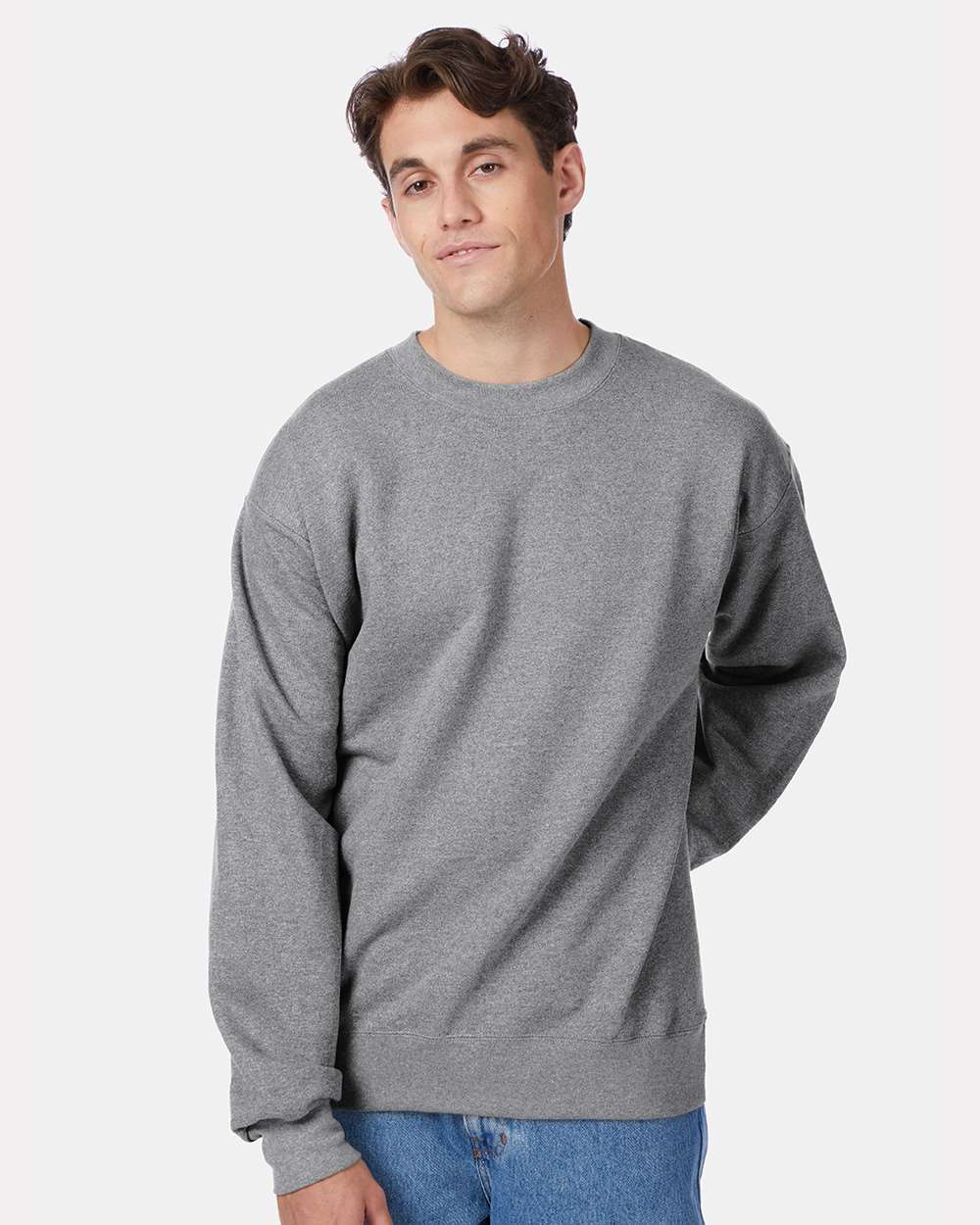 Unisex Ultimate Cotton® Crewneck Sweatshirt - OnModelFront - B21700133 - Oxford Grey
