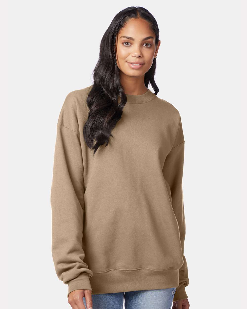 Unisex Ultimate Cotton® Crewneck Sweatshirt - OnModelFront - B21700363 - Pebble