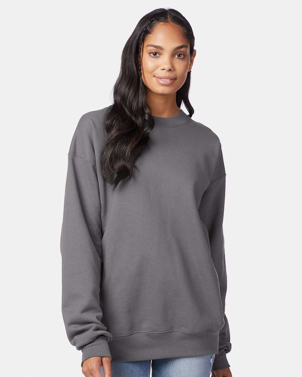 Unisex Ultimate Cotton® Crewneck Sweatshirt - OnModelFront - B21700513 - Smoke Grey