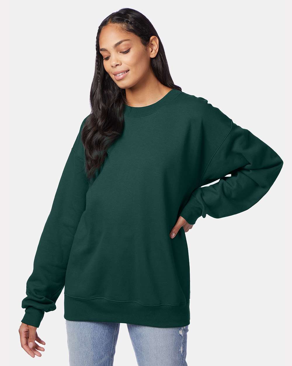 Unisex Ultimate Cotton® Crewneck Sweatshirt - OnModelFront - B21700873 - Deep Forest