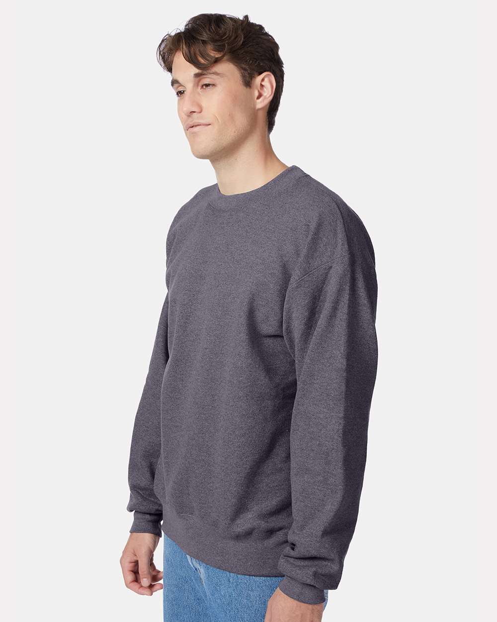 Unisex Ultimate Cotton® Crewneck Sweatshirt - OnModelSide - B21700093 - Charcoal Heather