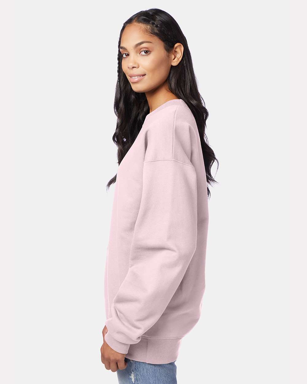 Unisex Ultimate Cotton® Crewneck Sweatshirt - OnModelSide - B21700313 - Pale Pink