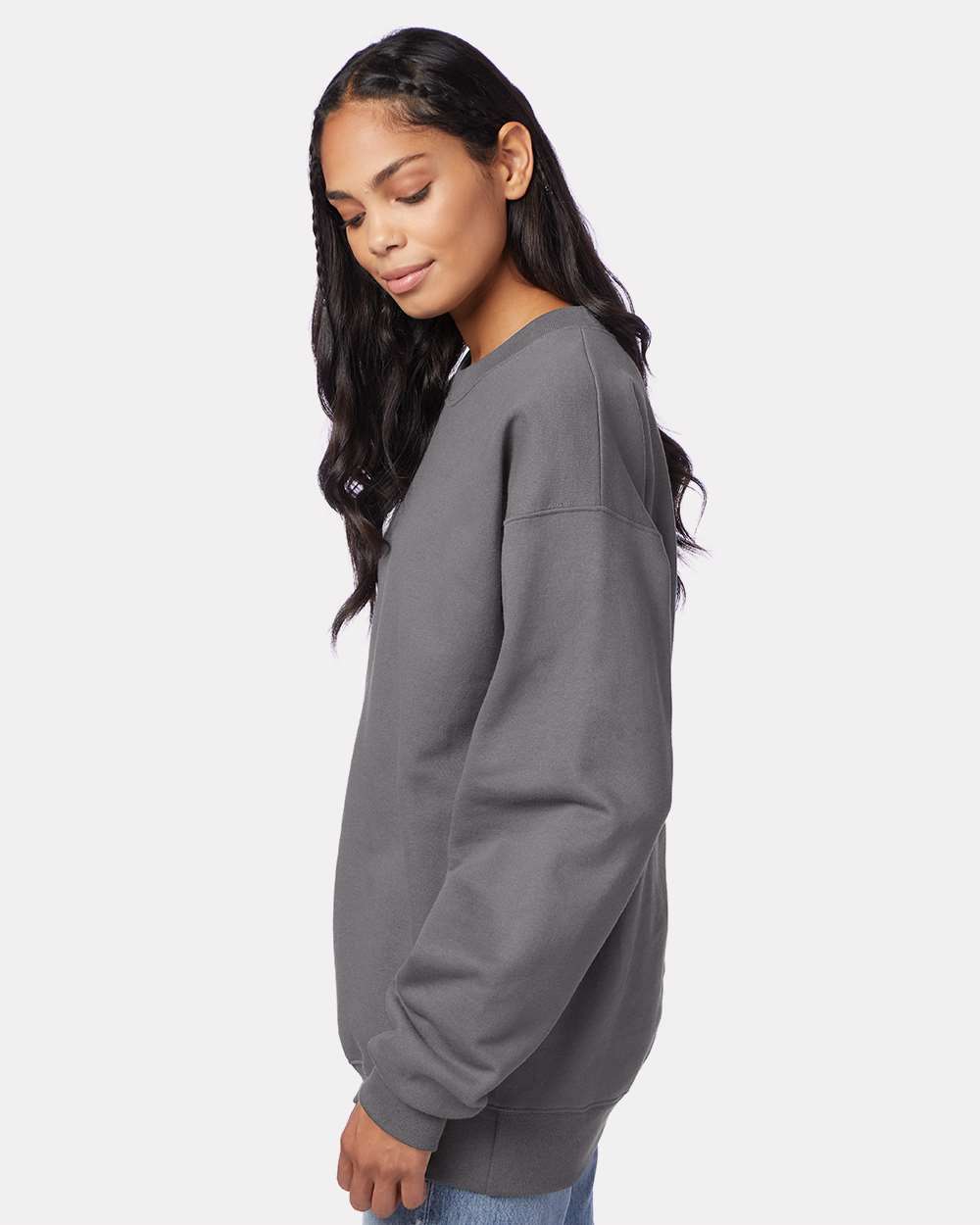 Unisex Ultimate Cotton® Crewneck Sweatshirt - OnModelSide - B21700513 - Smoke Grey