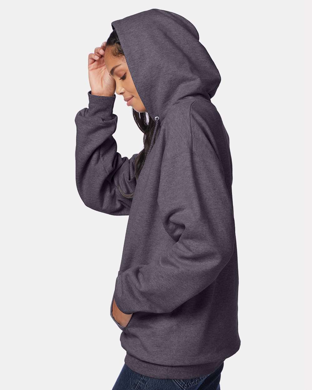 Unisex Ultimate Cotton® Hooded Sweatshirt - OnModelSide - B22200093 - Charcoal Heather