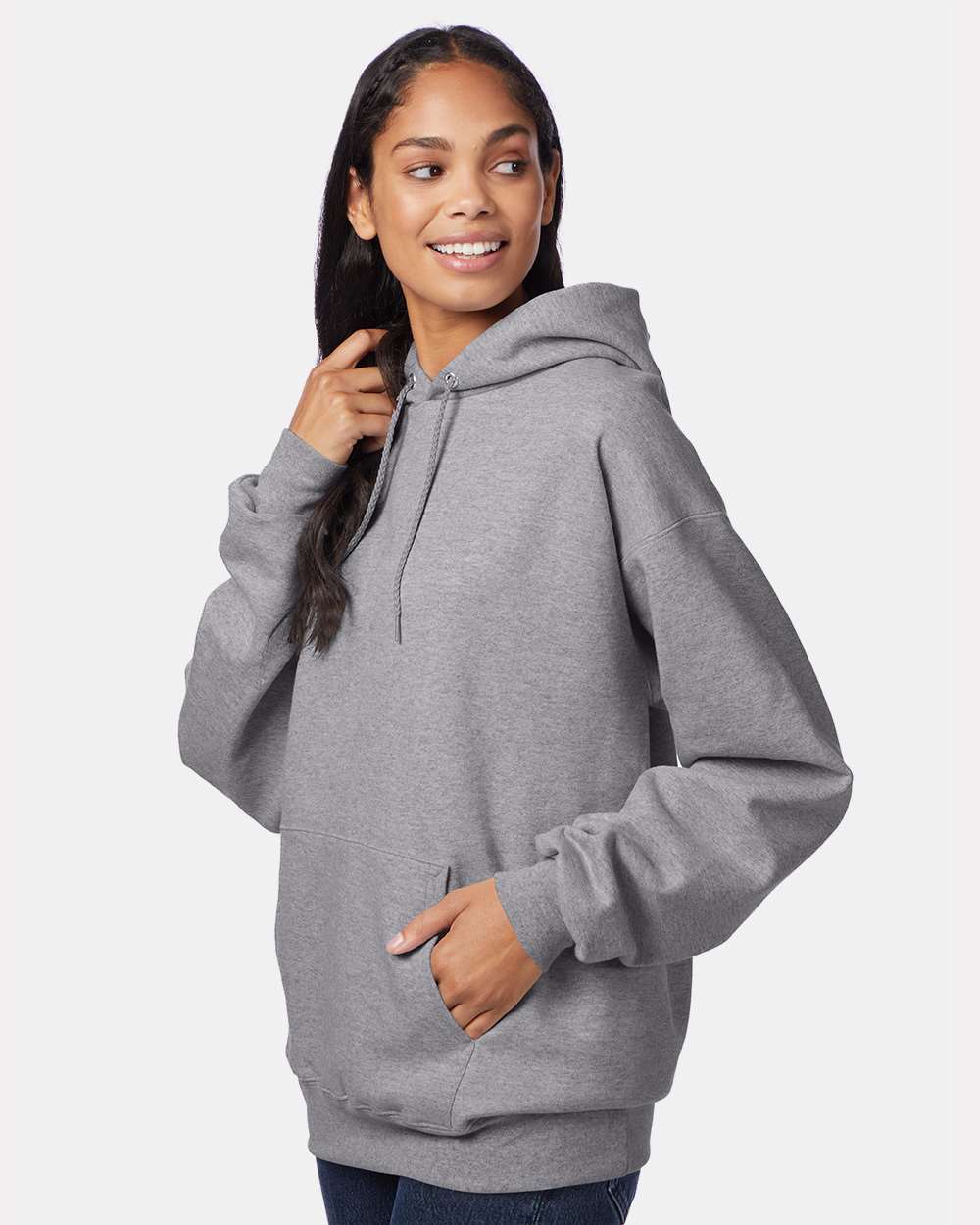 Unisex Ultimate Cotton® Hooded Sweatshirt - OnModelSide - B22200133 - Oxford Grey