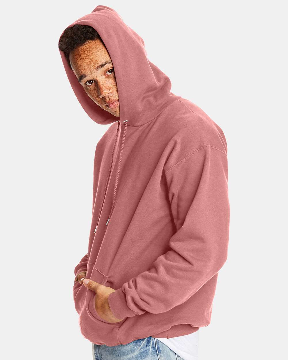 Unisex Ultimate Cotton® Hooded Sweatshirt - OnModelSide - B22200273 - Mauve