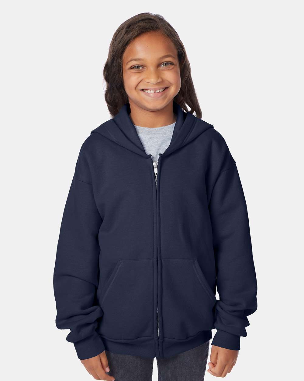 Youth EcoSmart® Full-Zip Hooded Sweatshirt - OnModelFront - B32300652 - Navy