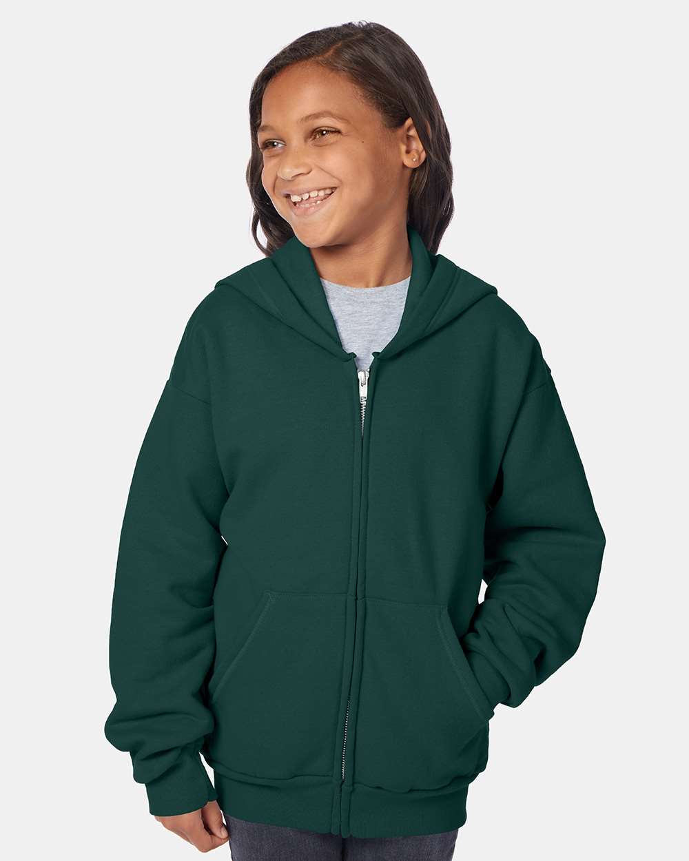 Youth EcoSmart® Full-Zip Hooded Sweatshirt - OnModelFront - B32300872 - Deep Forest