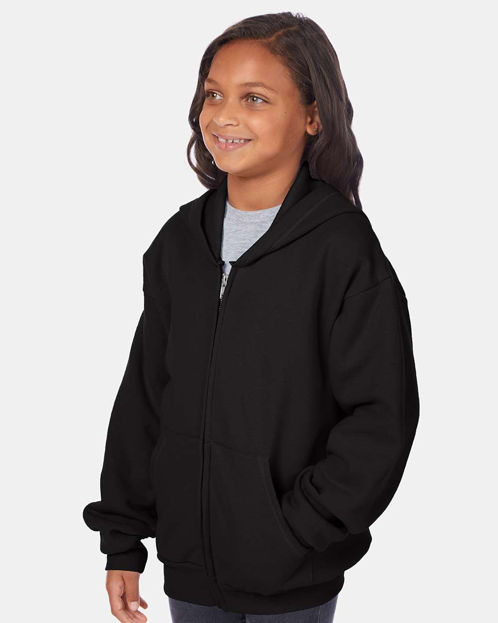 Youth EcoSmart® Full-Zip Hooded Sweatshirt - OnModelSide - B32300502 - Black