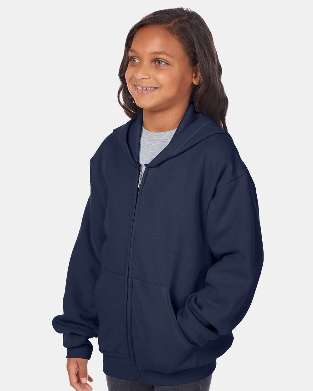 Youth EcoSmart® Full-Zip Hooded Sweatshirt - OnModelSide - B32300652 - Navy