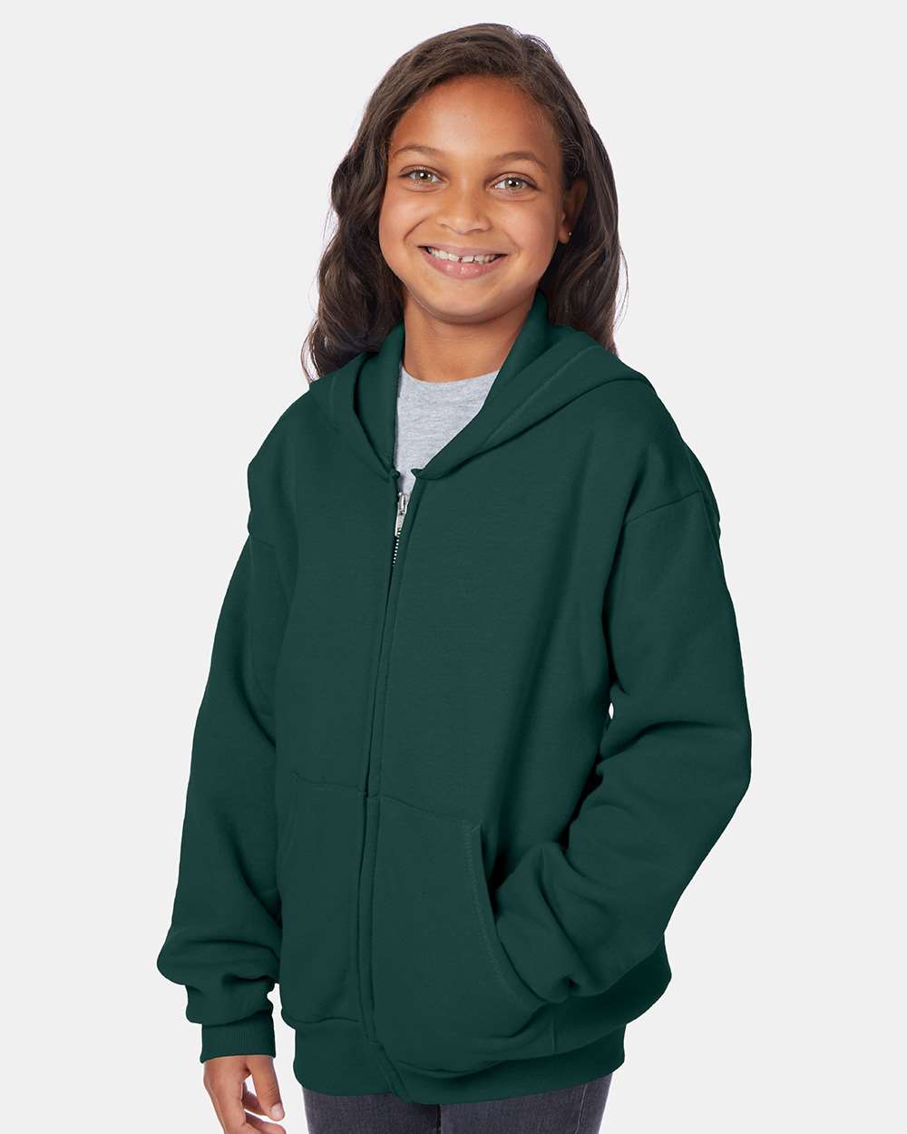 Youth EcoSmart® Full-Zip Hooded Sweatshirt - OnModelSide - B32300872 - Deep Forest