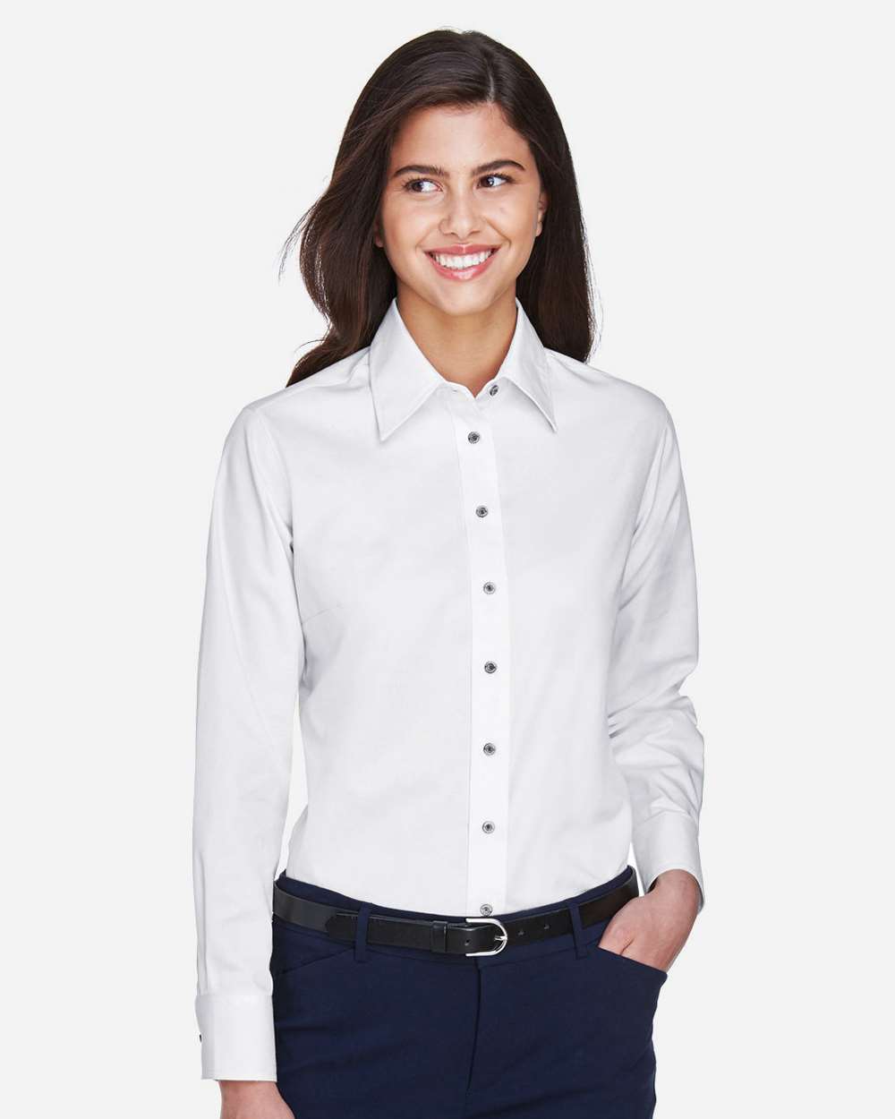 Women's Easy Blend™ Long Sleeve Twill Dress Shirt with Stain-Release - OnModelFront - B240B9002 - White