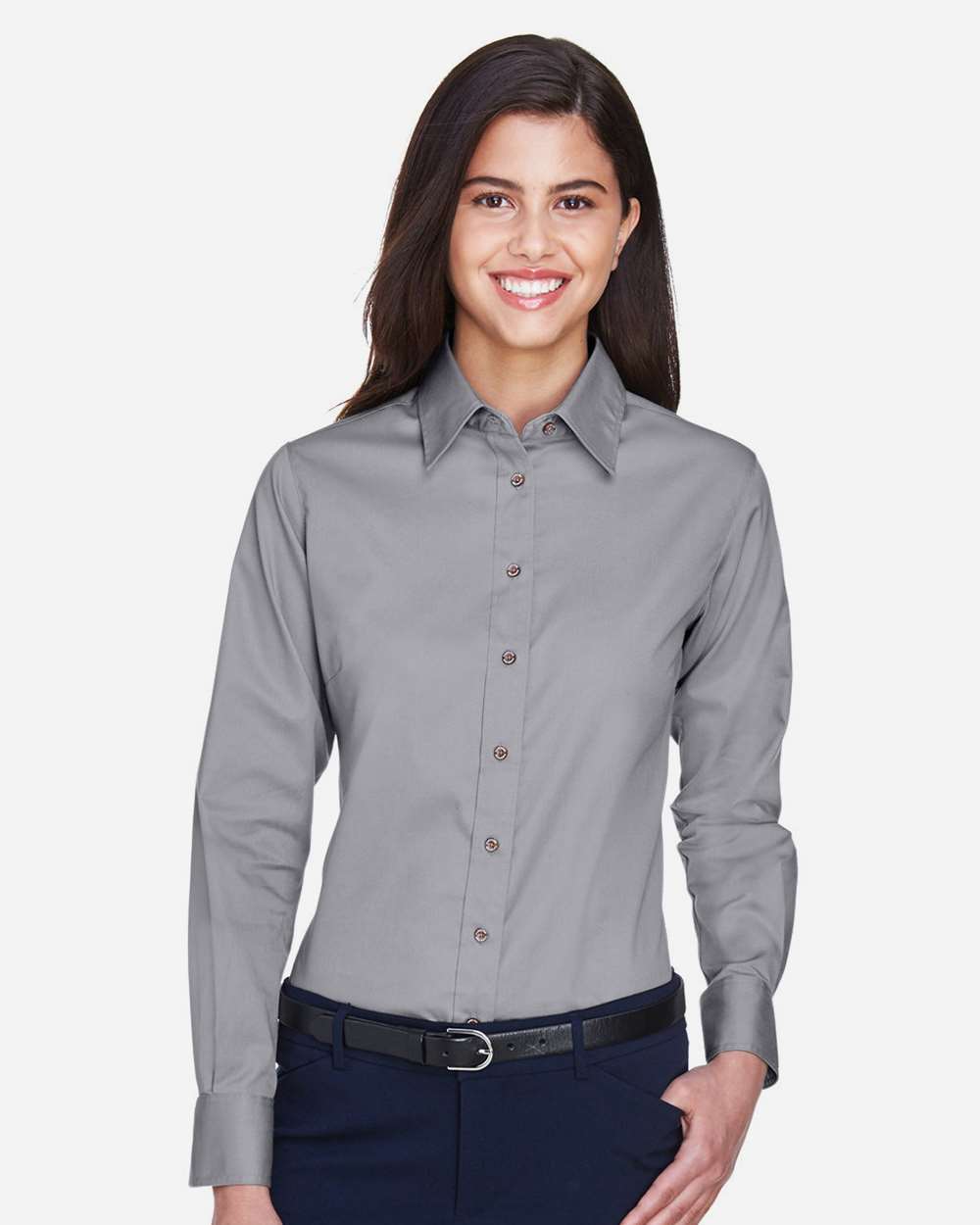 Women's Easy Blend™ Long Sleeve Twill Dress Shirt with Stain-Release - OnModelFront - B240B9092 - Dark Grey