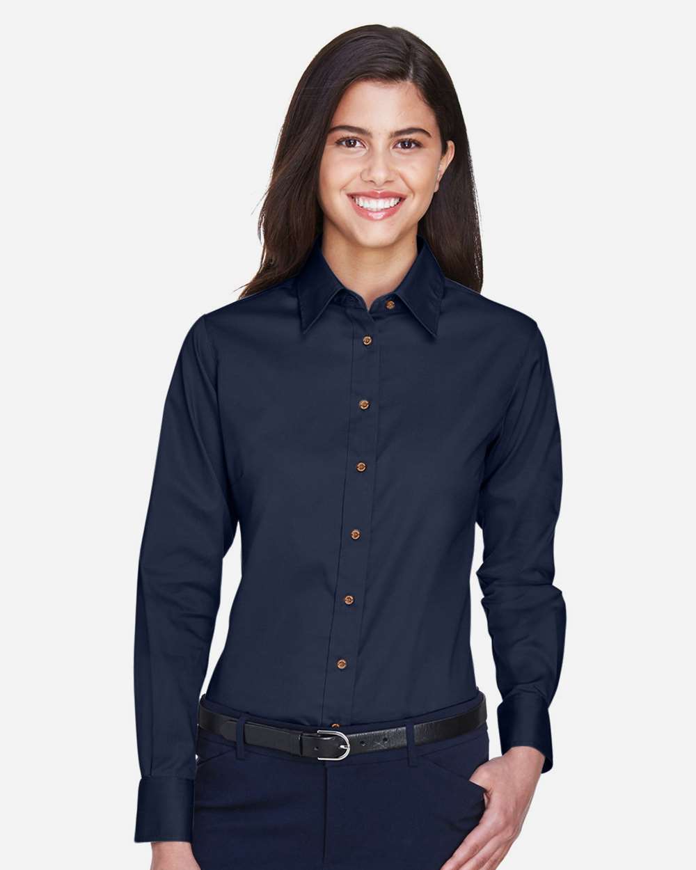 Women's Easy Blend™ Long Sleeve Twill Dress Shirt with Stain-Release - OnModelFront - B240B9112 - Navy