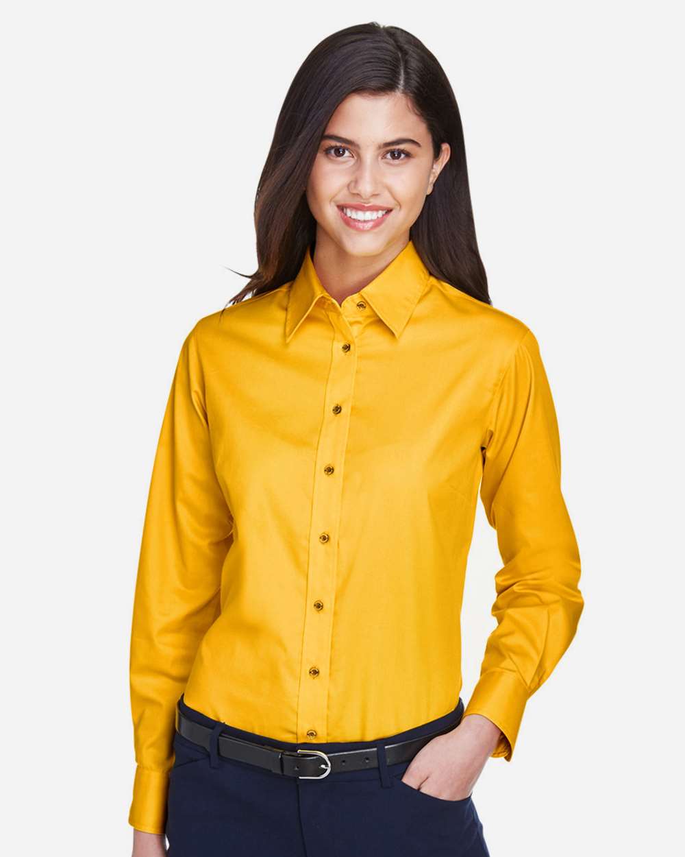 Women's Easy Blend™ Long Sleeve Twill Dress Shirt with Stain-Release - OnModelFront - B240B9138 - Sunray Yellow