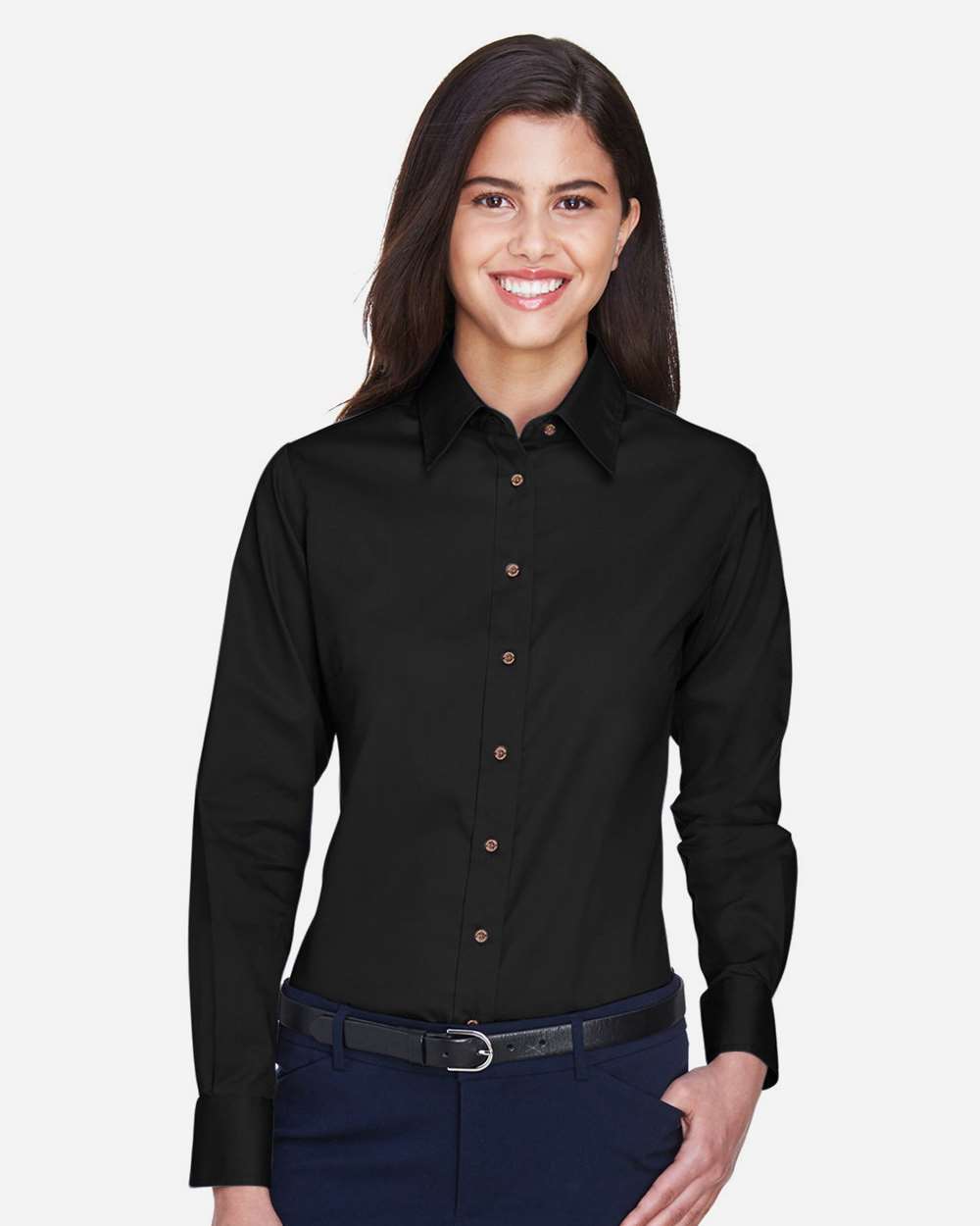 Women's Easy Blend™ Long Sleeve Twill Dress Shirt with Stain-Release - OnModelFront - B240B9502 - Black
