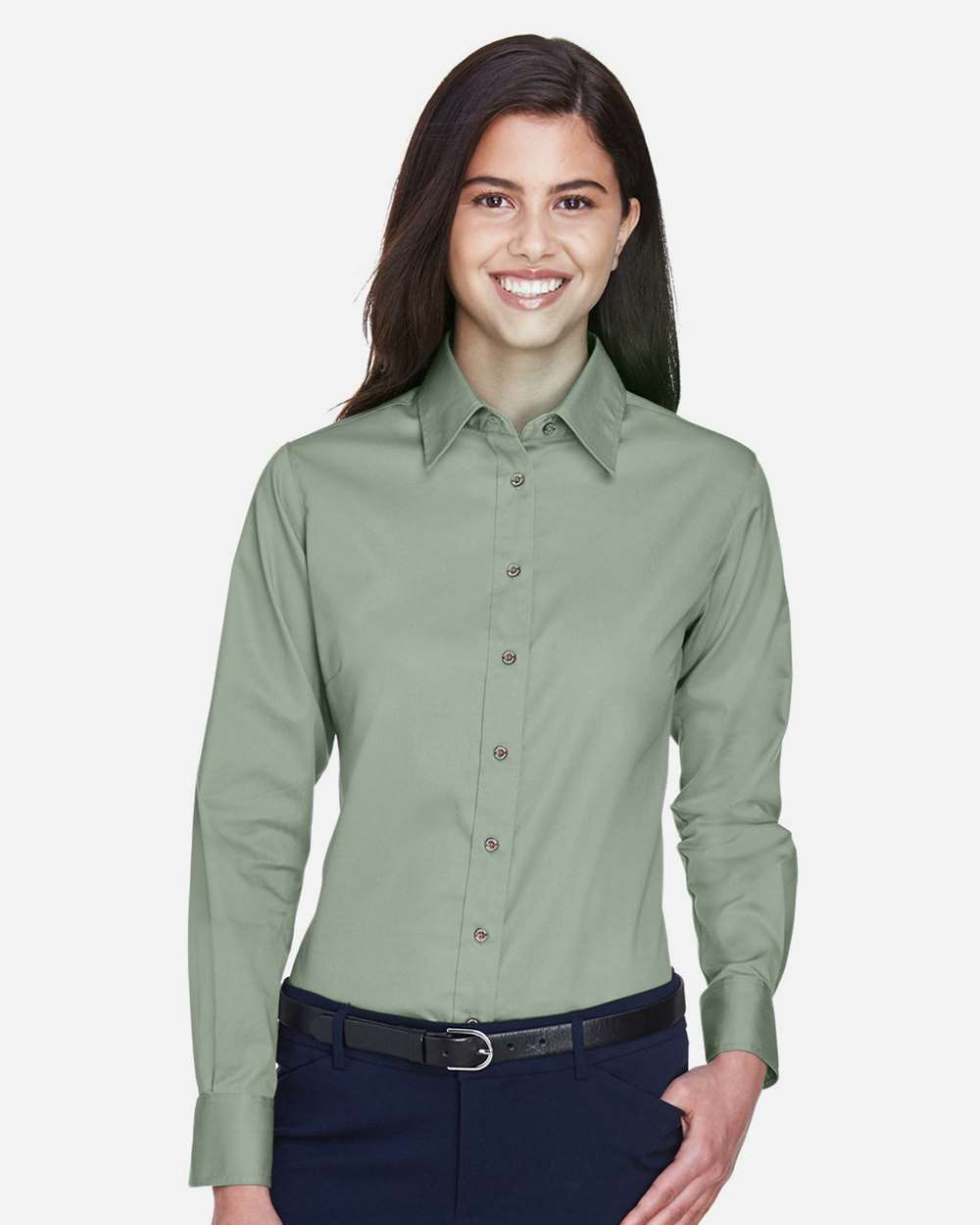 Women's Easy Blend™ Long Sleeve Twill Dress Shirt with Stain-Release - OnModelFront - B240B9542 - Dill