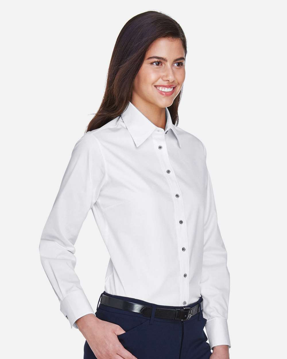 Women's Easy Blend™ Long Sleeve Twill Dress Shirt with Stain-Release - OnModelSide - B240B9002 - White