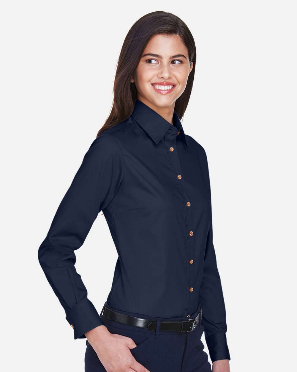 Women's Easy Blend™ Long Sleeve Twill Dress Shirt with Stain-Release - OnModelSide - B240B9112 - Navy