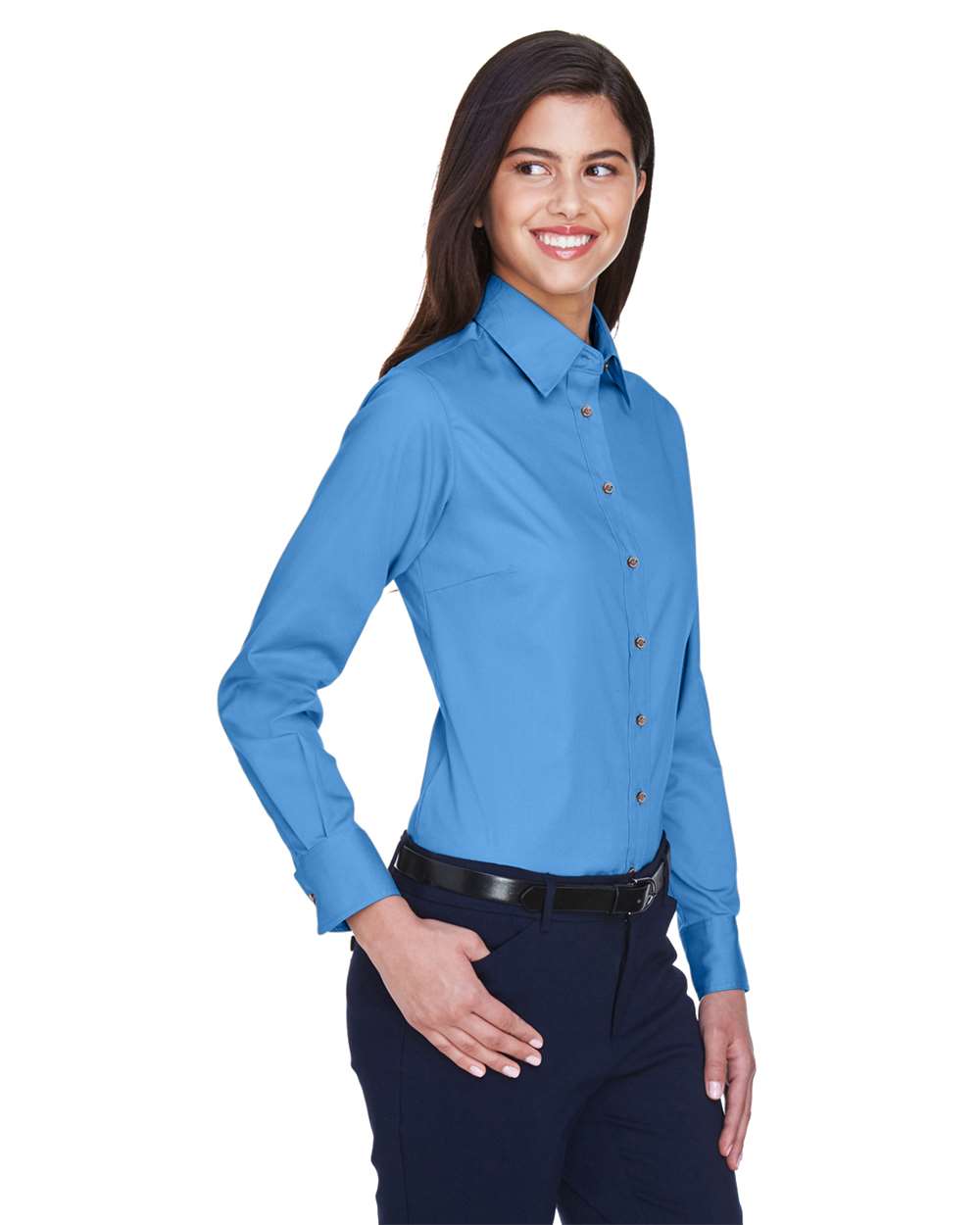 Women's Easy Blend™ Long Sleeve Twill Dress Shirt with Stain-Release - OnModelSide - B240B9658 - Nautical Blue
