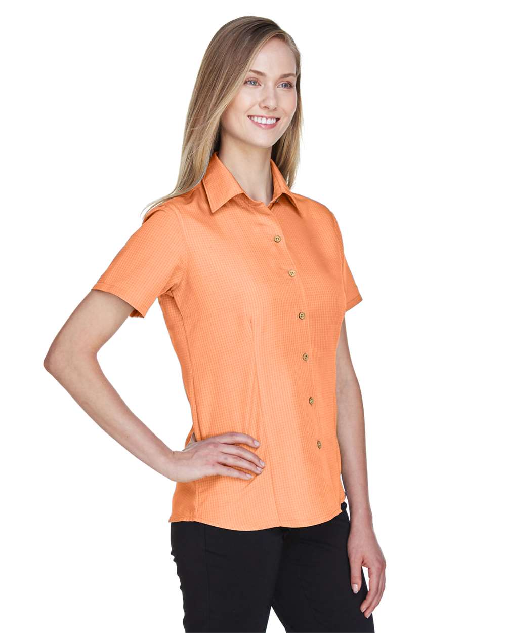 Women's Barbados Textured Camp Shirt - OnModelSide - B252B9662 - Nectarine