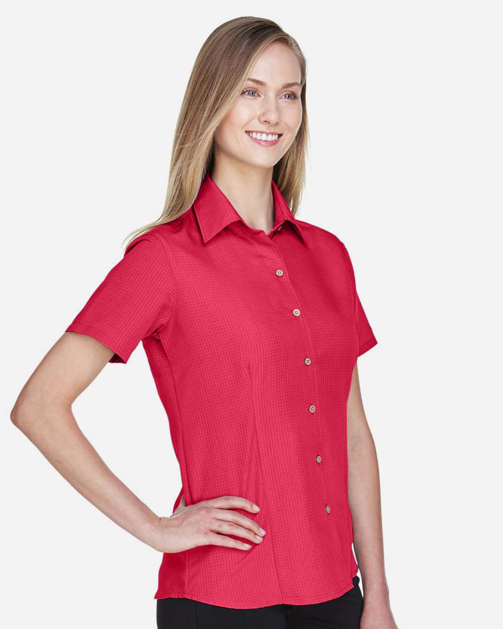Women's Barbados Textured Camp Shirt - OnModelSide - B252B9702 - Parrot Red