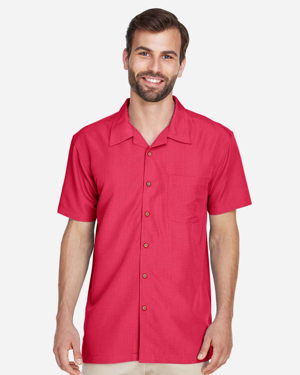 Men's Barbados Textured Camp Shirt - OnModelFront - B251B9702 - Parrot Red
