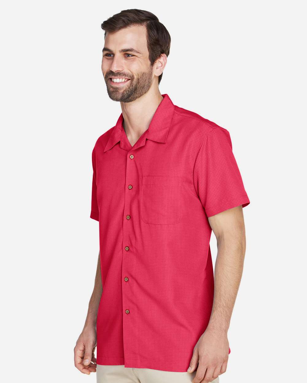 Men's Barbados Textured Camp Shirt - OnModelSide - B251B9702 - Parrot Red