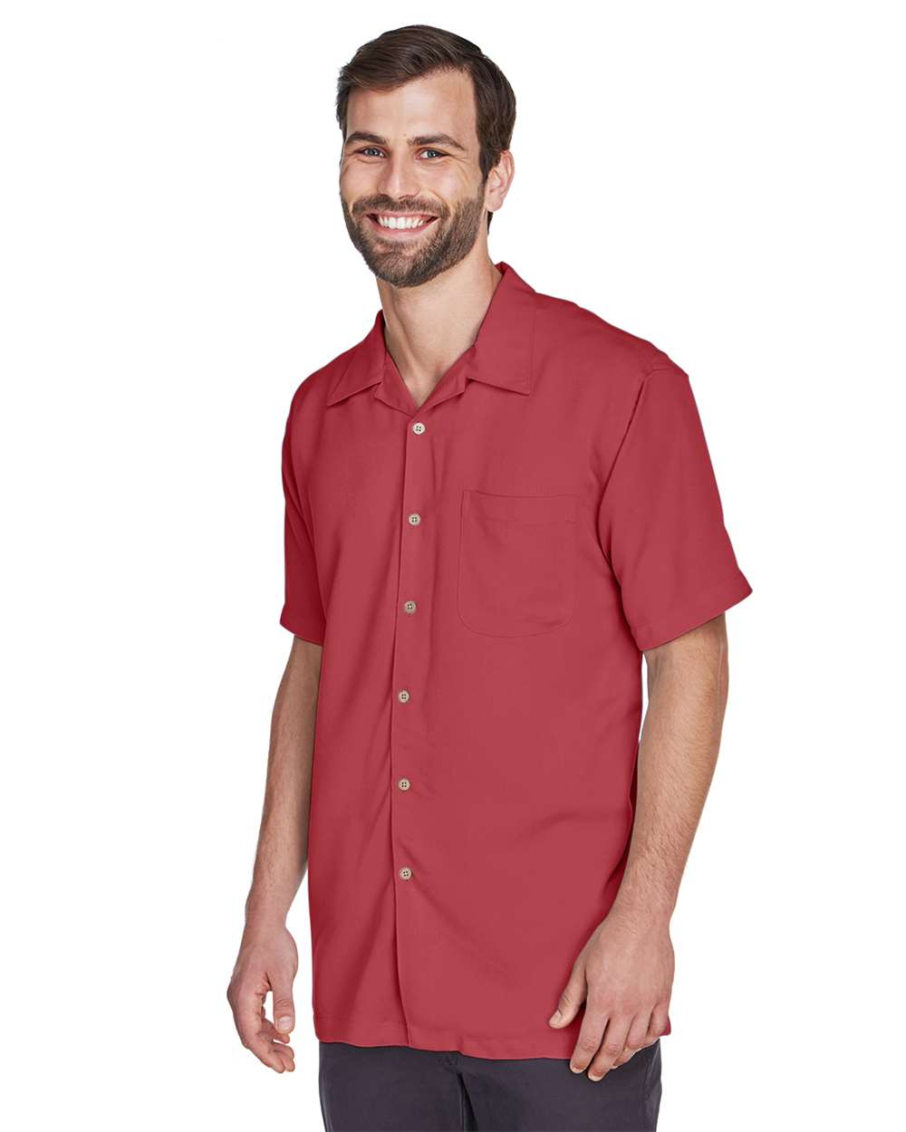 Men's Bahama Cord Camp Shirt - OnModelSide - B253B9703 - Tile Red