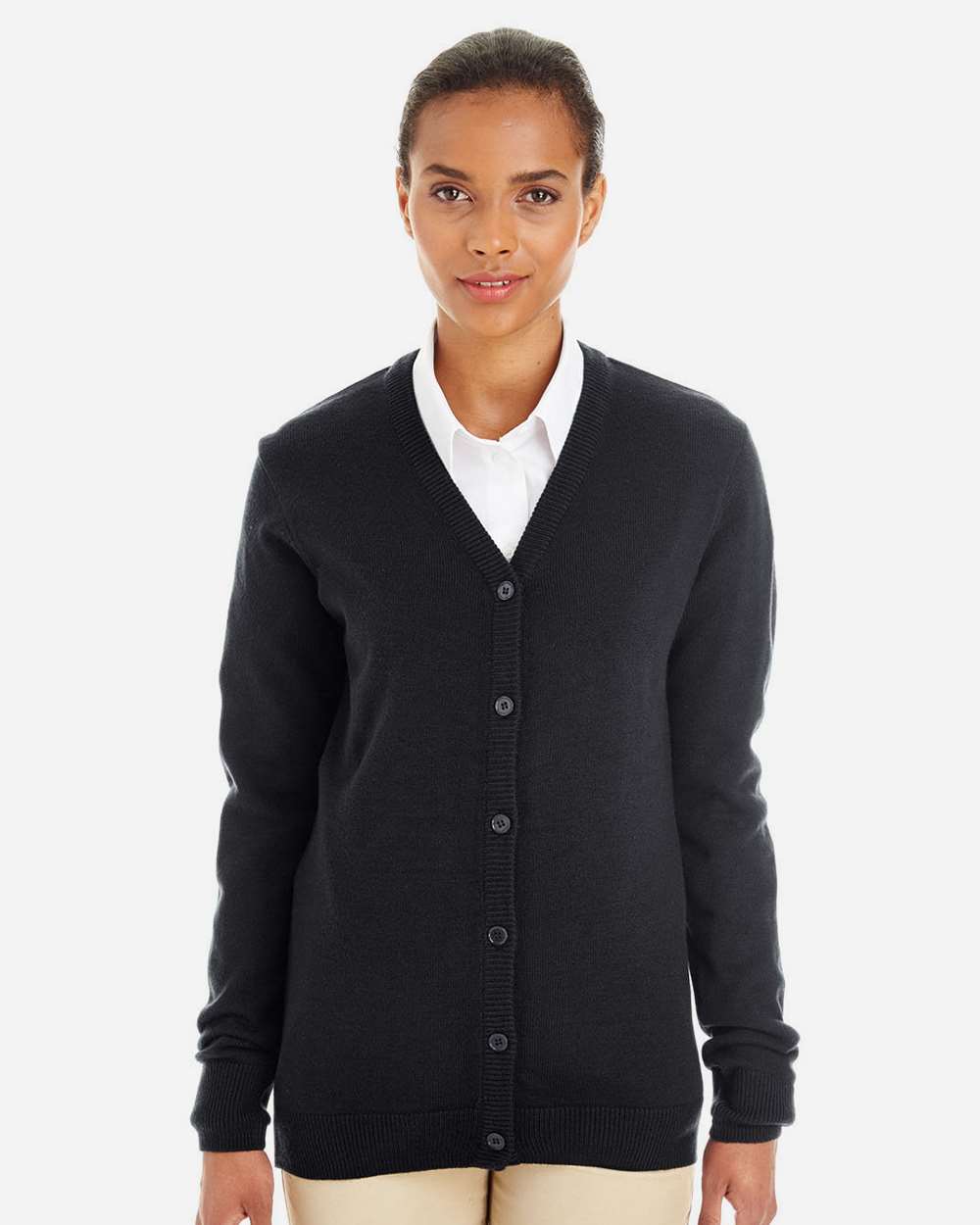Women's Pilbloc V-Neck Button Cardigan Sweater - OnModelFront - B235B9502 - Black