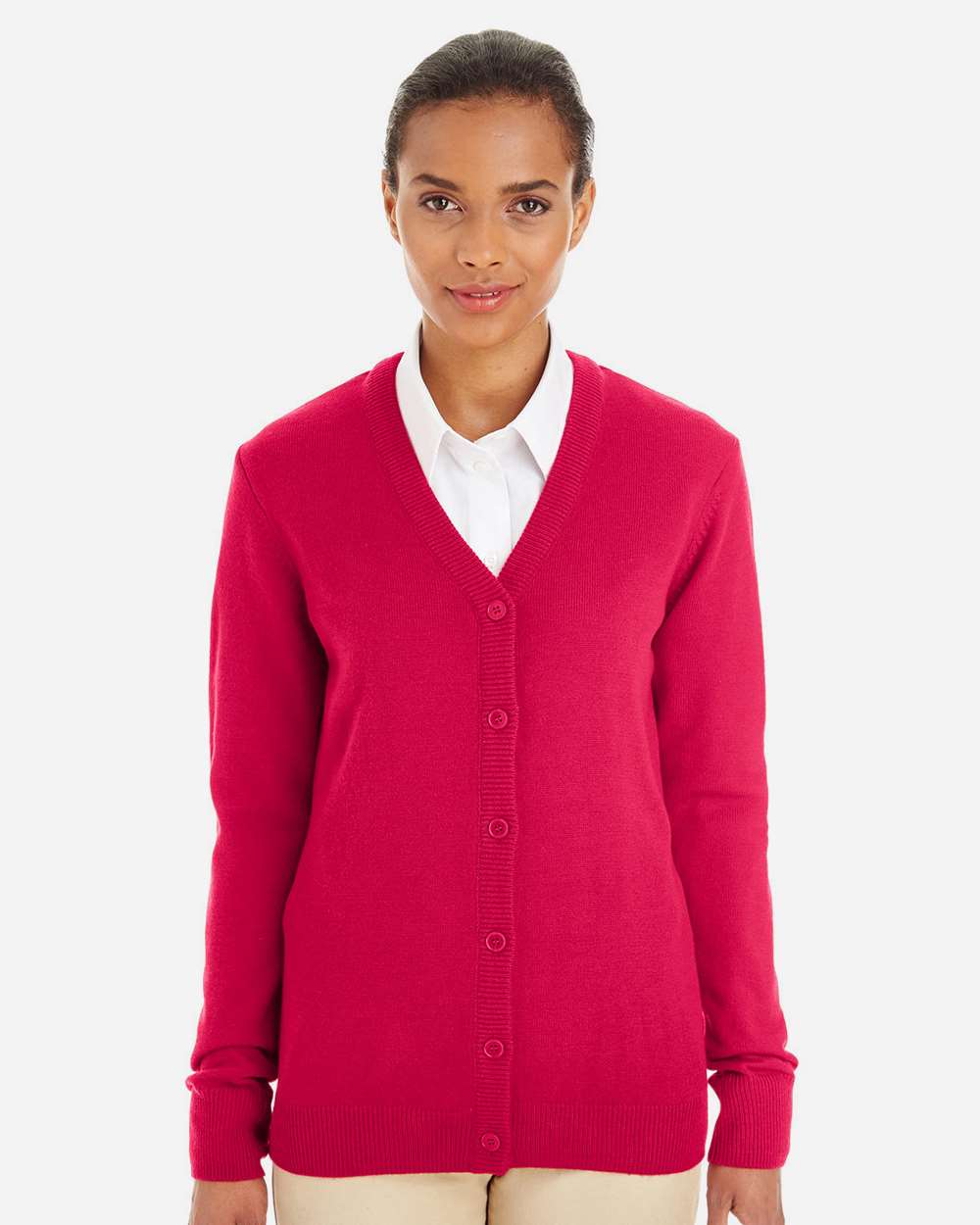 Women's Pilbloc V-Neck Button Cardigan Sweater - OnModelFront - B235B9702 - Red