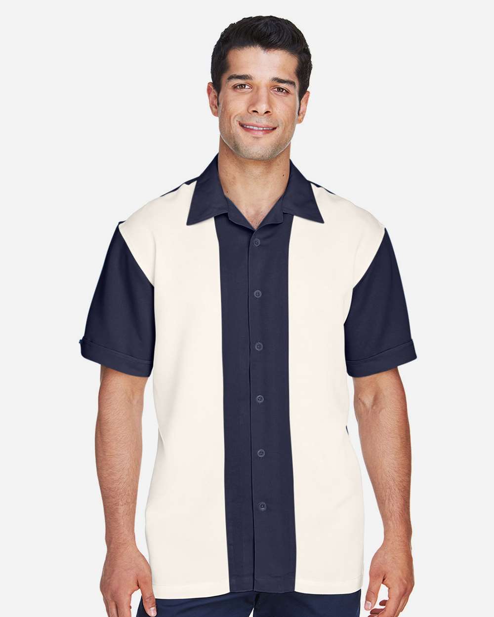 Men's Two-Tone Camp Shirt - OnModelFront - B255B9653 - Navy/ Cream